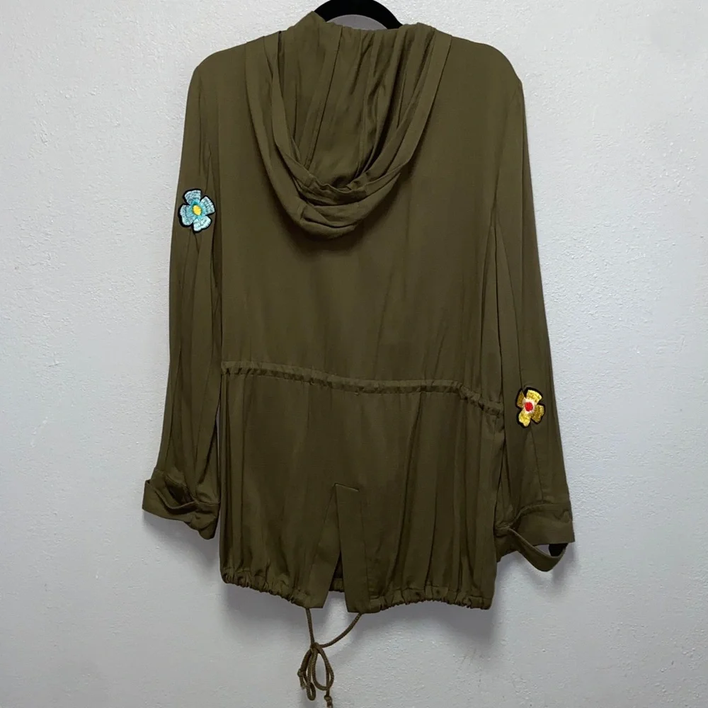 English Factory Olive Green Floral Embellished Military Utility Hoodie Jacket - Picture 7 of 11